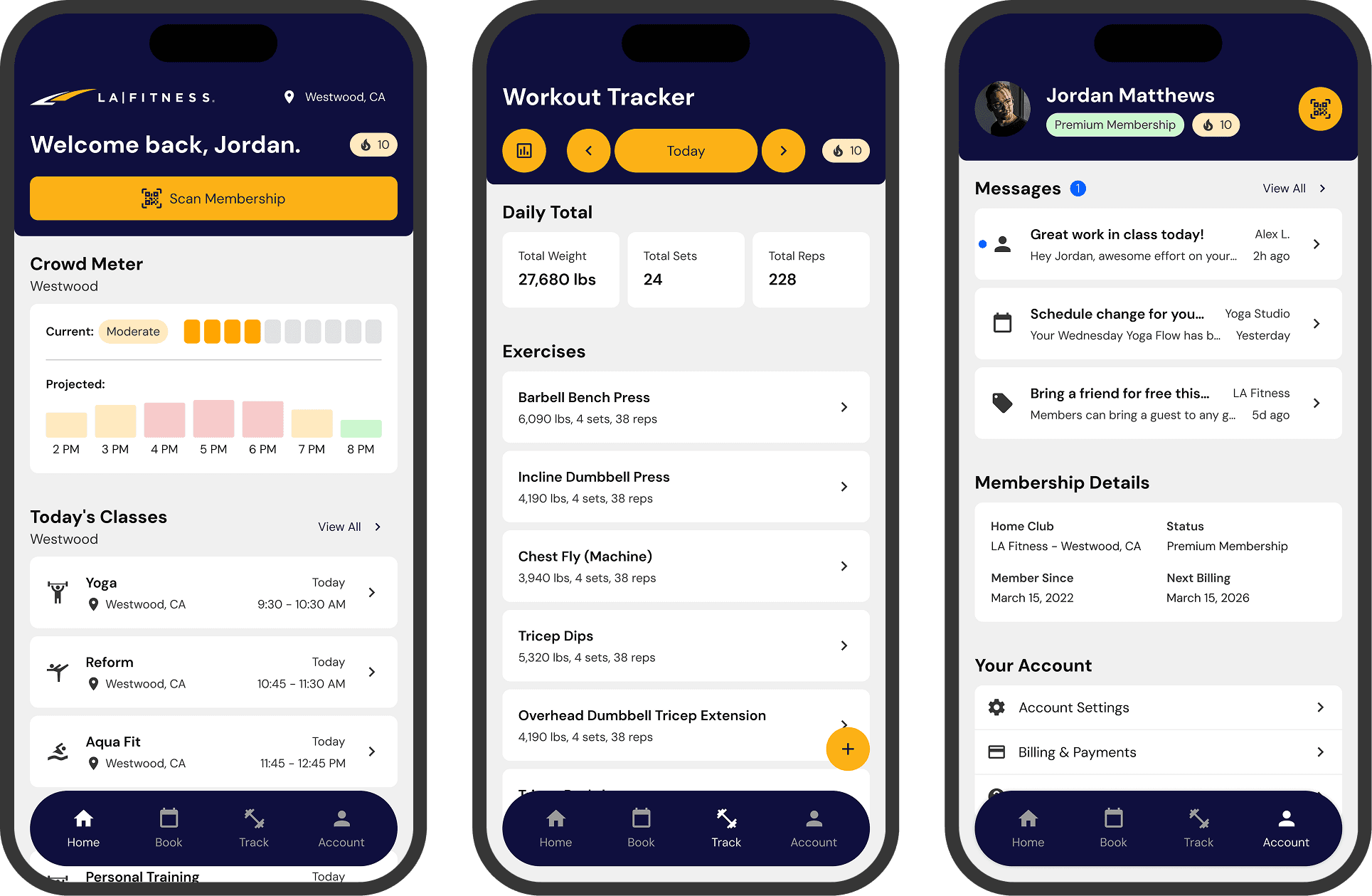 Redesigned LA Fitness app screens showing the home page, workout tracker, and account pages
