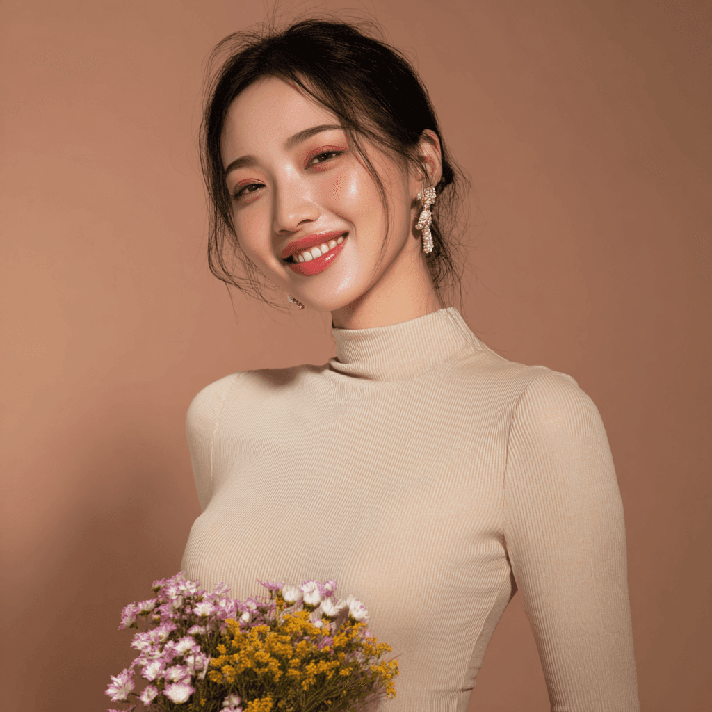 Chinese women with flowers standing portrait