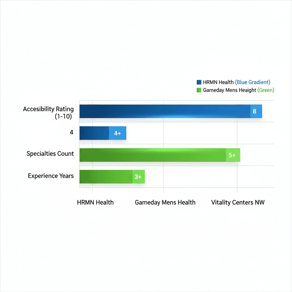 Horizontal bar chart comparing TRT clinics in Boise area on accessibility, specialties, and experience metrics