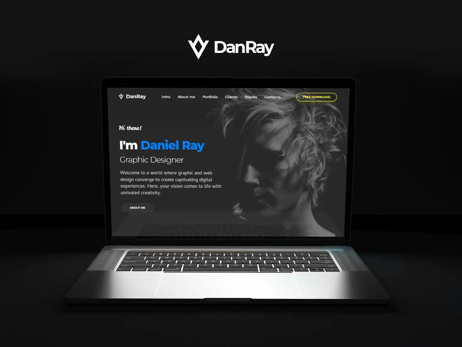 An elegant presentation of the DanRey Framer template, showing a home page featuring Daniel Ray as a graphic designer on a laptop screen.