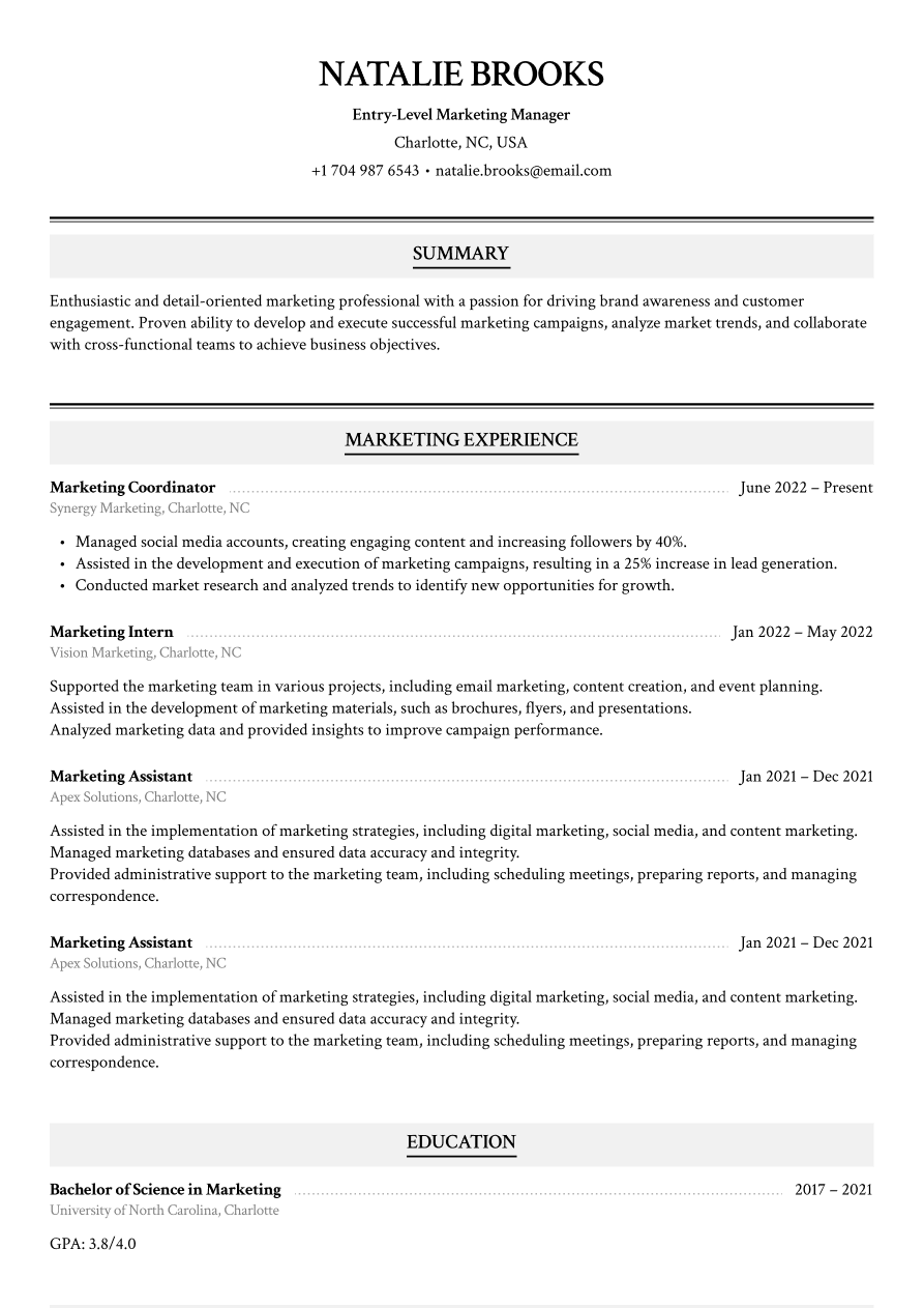 Entry-level marketing manager resume example