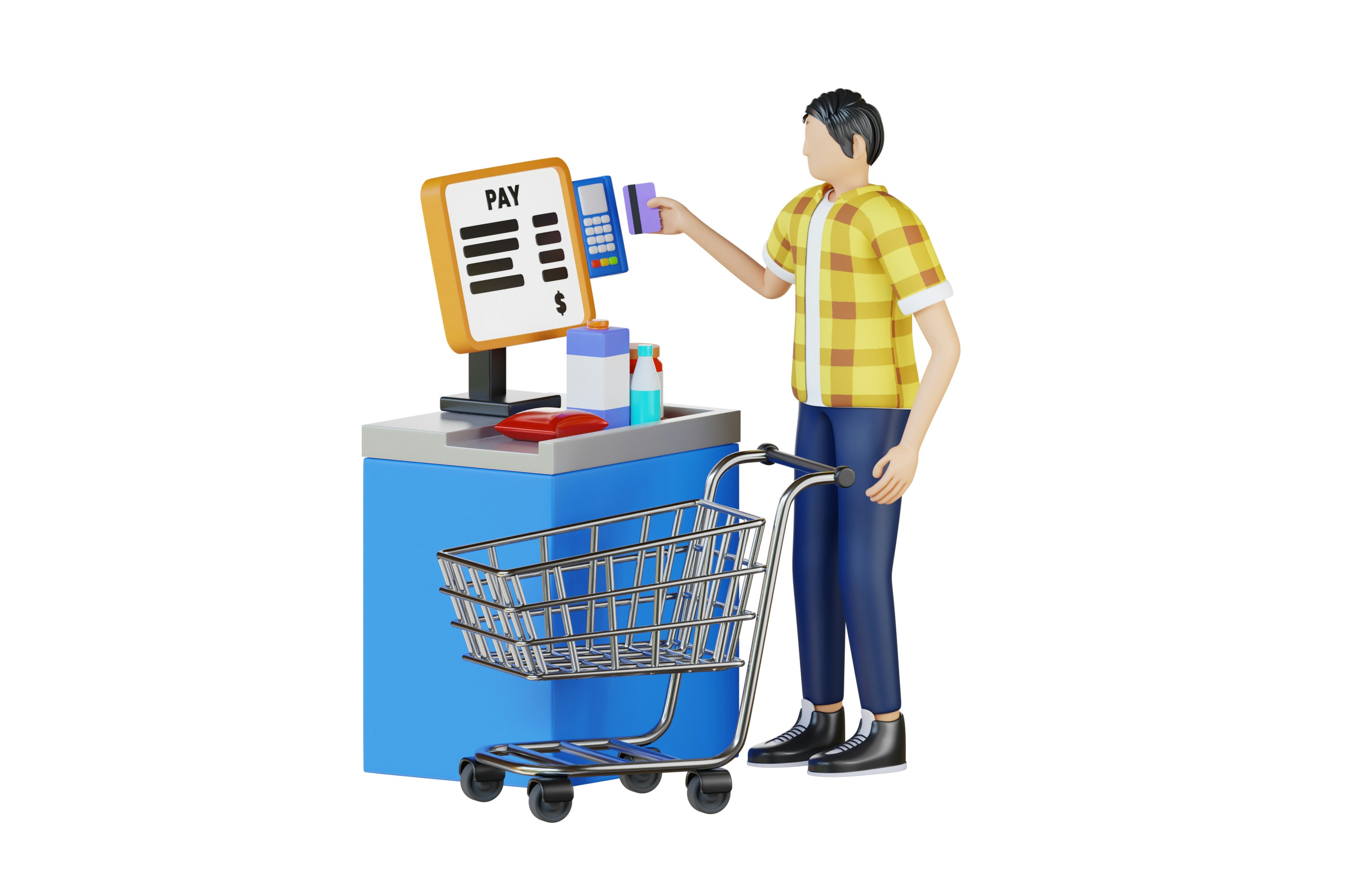 Person paying at a grocery store checkout with cart