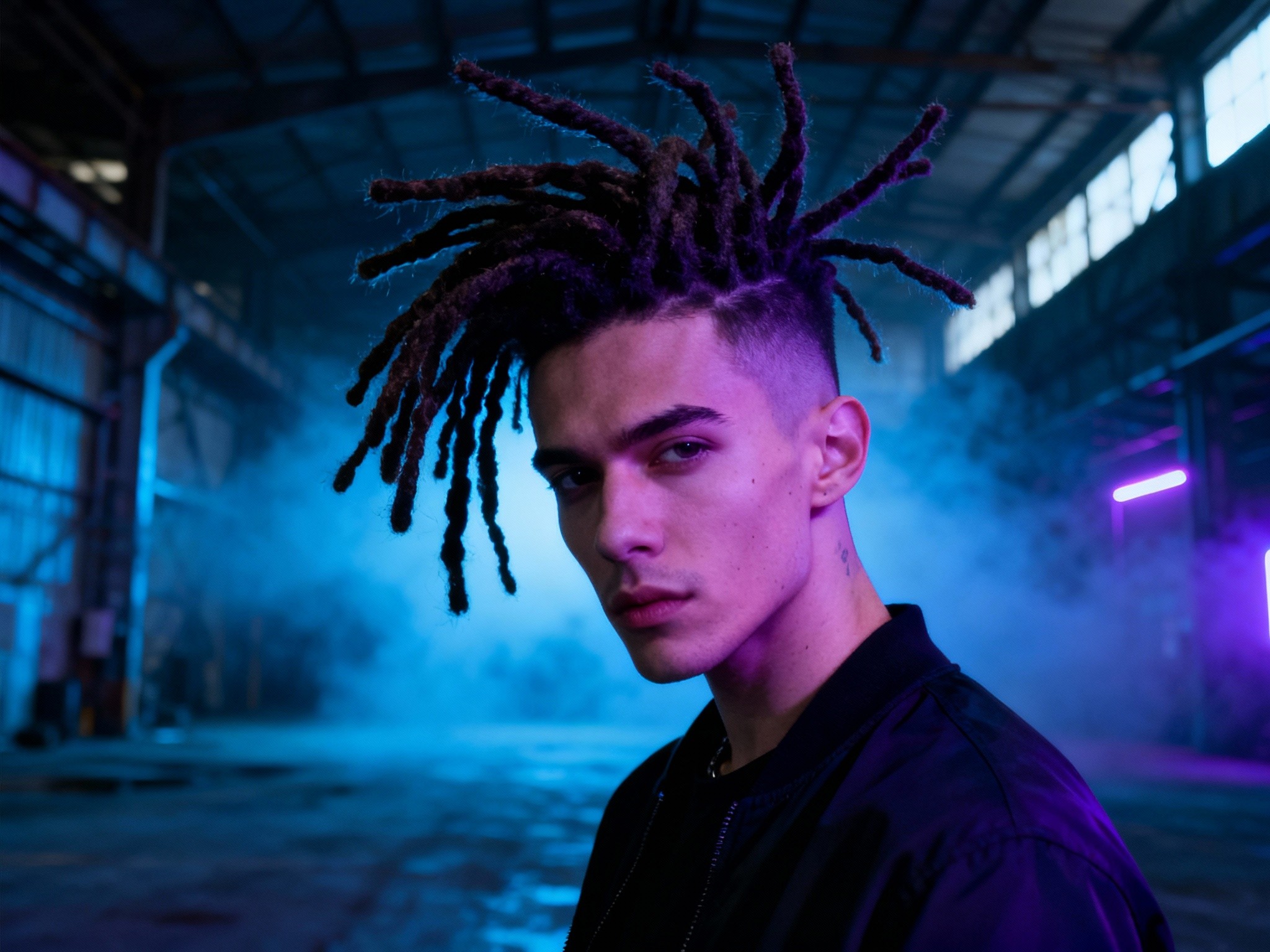 A dramatic frame showcasing a male with bold, thick dreadlocks styled in a modern avant-garde