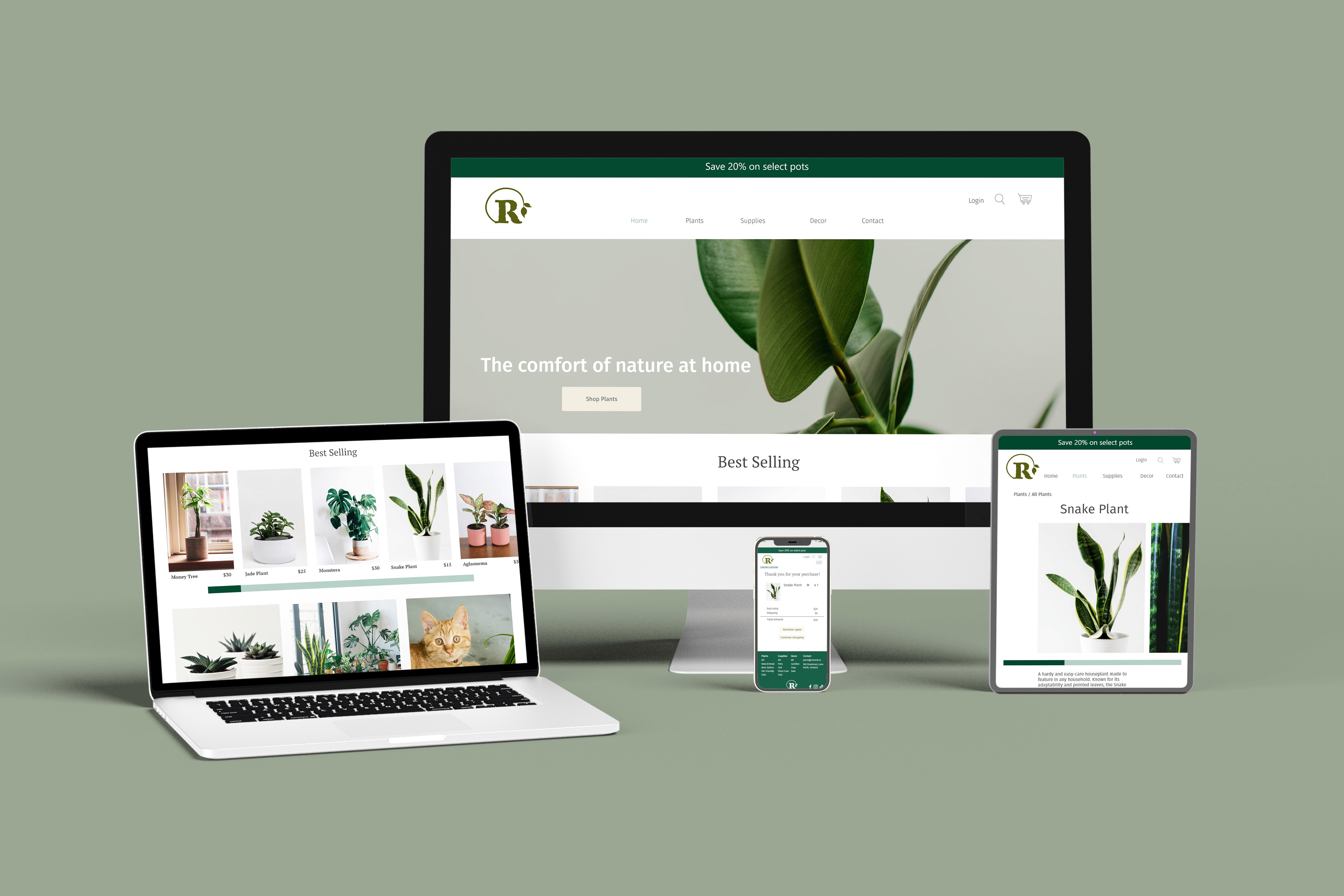 The company's website displayed on a desktop, laptop, tablet, and phone on a green background.