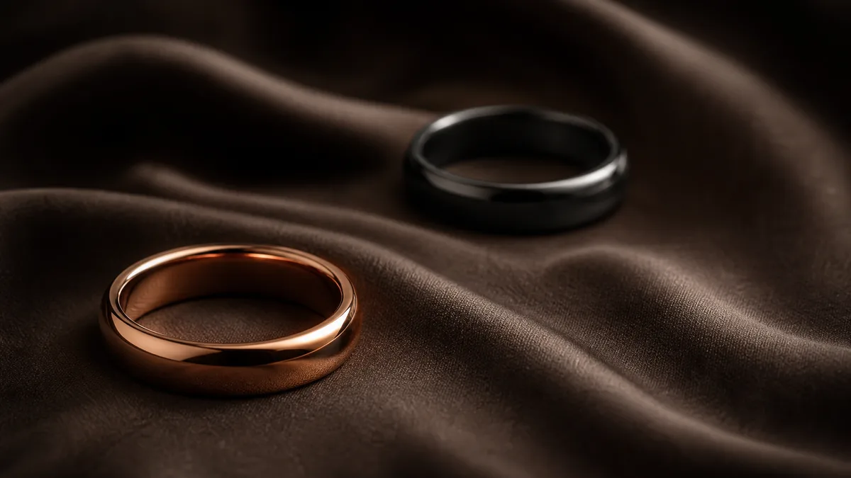 Rose-gold and graphite smart dhikr rings arranged on dark taupe silk