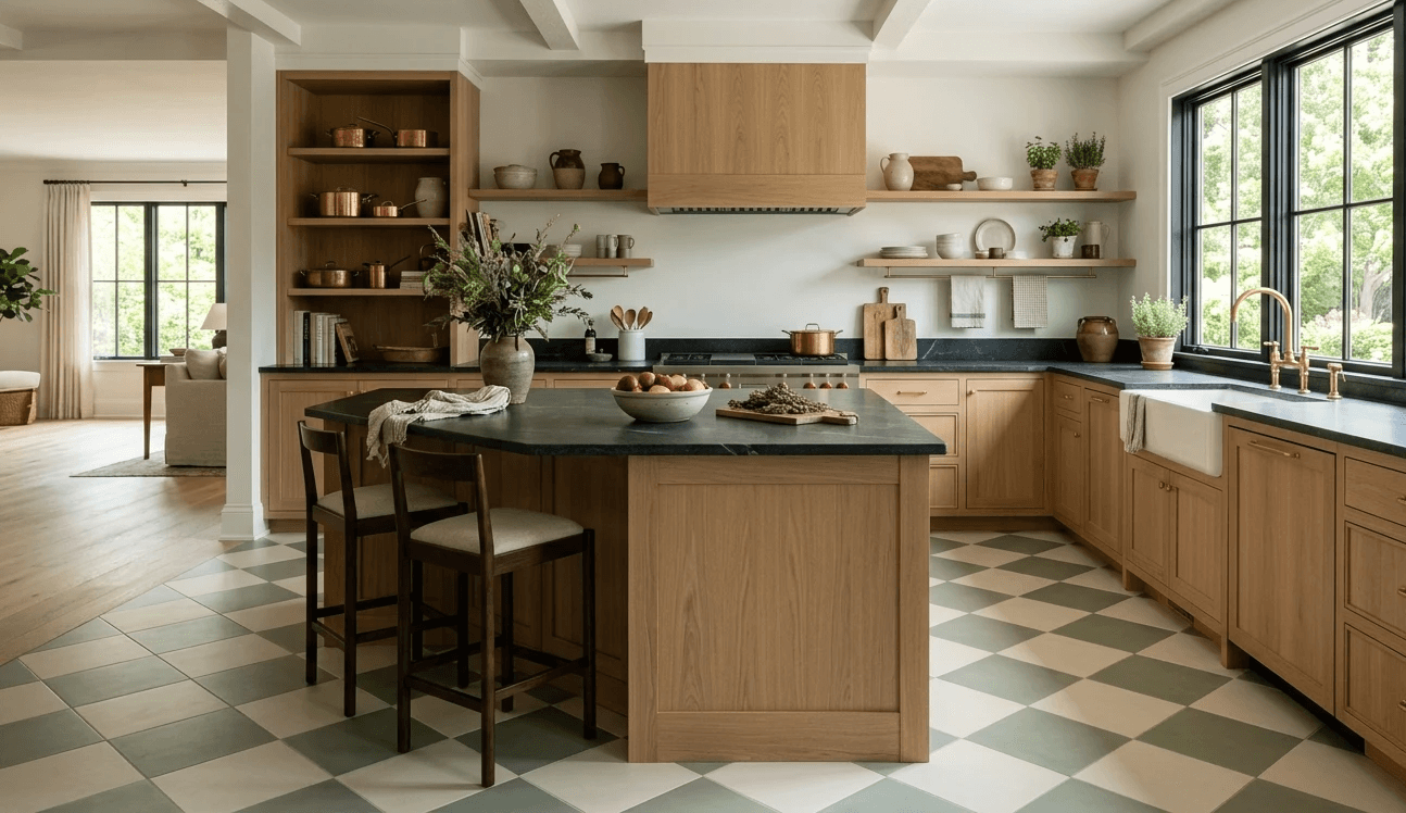 Bright modern organic kitchen featuring sage and cream checkerboard floor tiles, white oak cabinets, black stone countertops, a large island, open wood shelving, copper cookware, farmhouse sink, and oversized black-framed windows overlooking the garden.