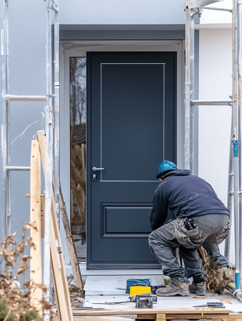 Ouvrier posant une porte d’entrée neuve