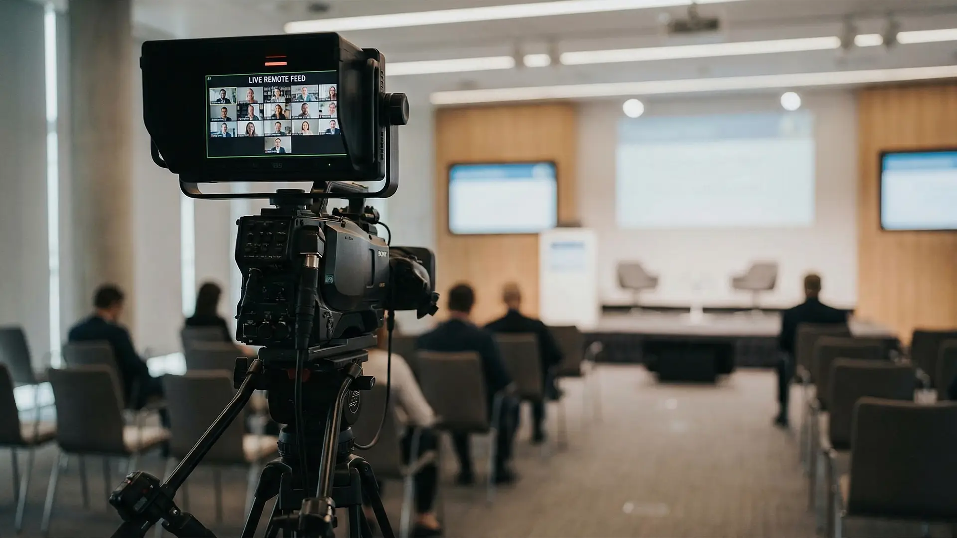 Camera filming a hybrid corporate event, with a monitor showing a live remote audience feed while in-room attendees sit facing the stage.