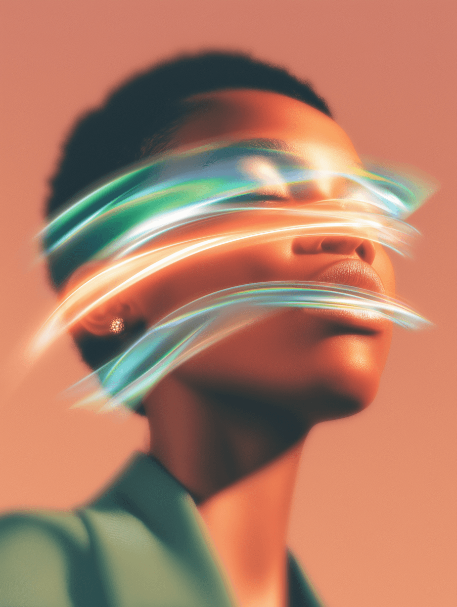 A close-up of a person with abstract colorful lines overlaying their face against a warm, gradient background.