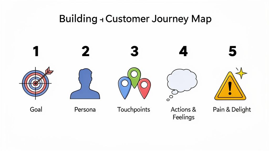 Visual guide outlining five key steps for building a customer journey map with icons.