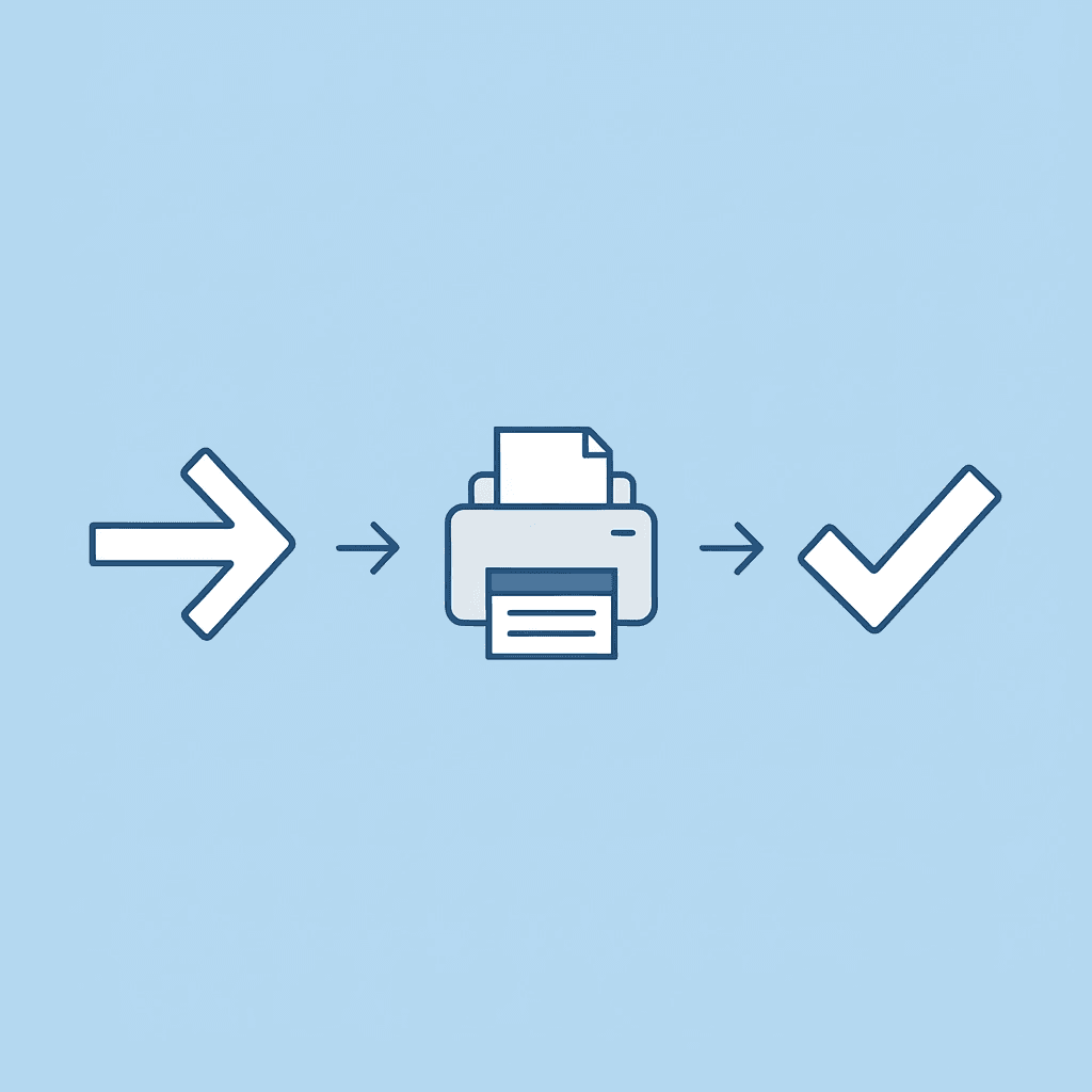 Three-step process showing download icon, printer icon, and child learning icon connected by arrows