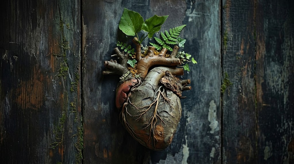 “An anatomical wooden heart with green leaves sprouting from its roots, illustrating human integration with nature.”