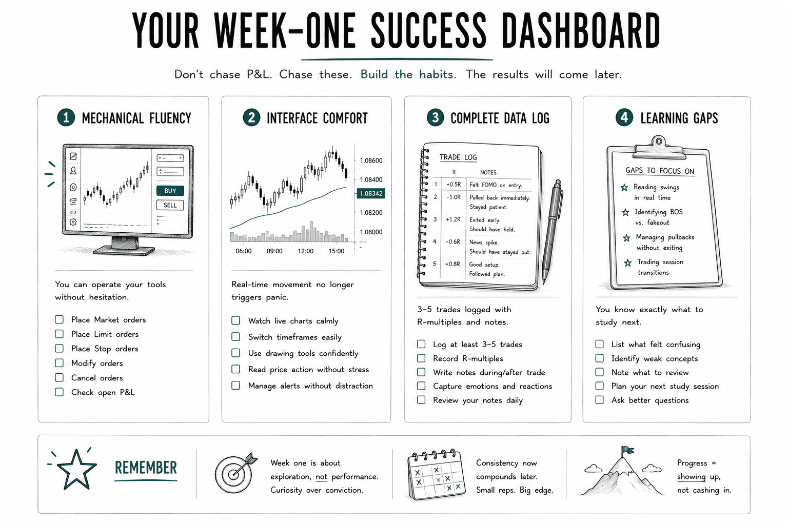 A beginner trading checklist that measures success by learning behaviors instead of profits. The dashboard focuses on platform fluency, comfort with live charts, maintaining a complete trading journal, and identifying knowledge gaps, helping learners recognize meaningful progress during their first week of paper trading.