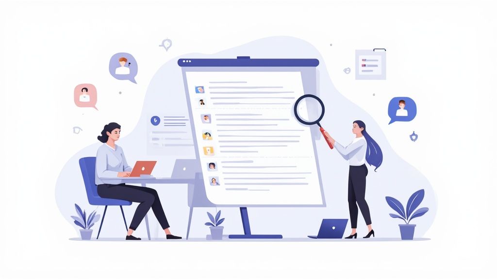 Two professional women collaborating on candidate recruitment using digital tools and magnifying glass for review