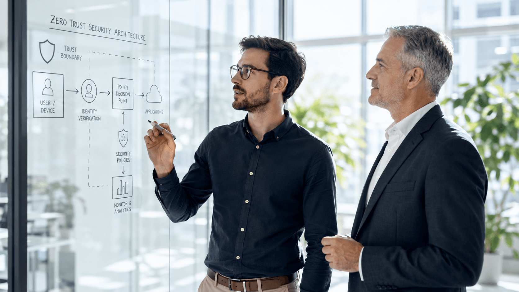Security consultant presenting a zero-trust architecture to an executive.