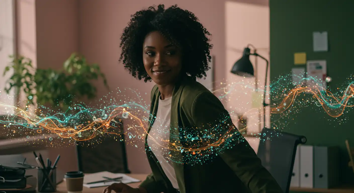 Femme professionnelle souriante dans un bureau, entourée de flux de données visuels, illustrant l’usage de l’intelligence artificielle et de la RSE dans la gestion RH.