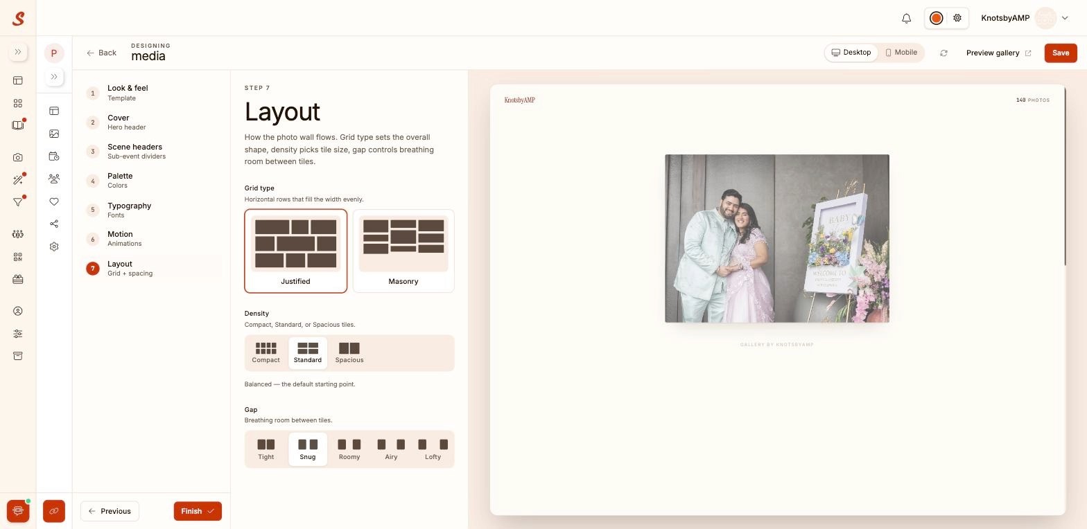 Samaro Gallery Design Layout step showing grid type, density, and gap spacing options for a photo gallery