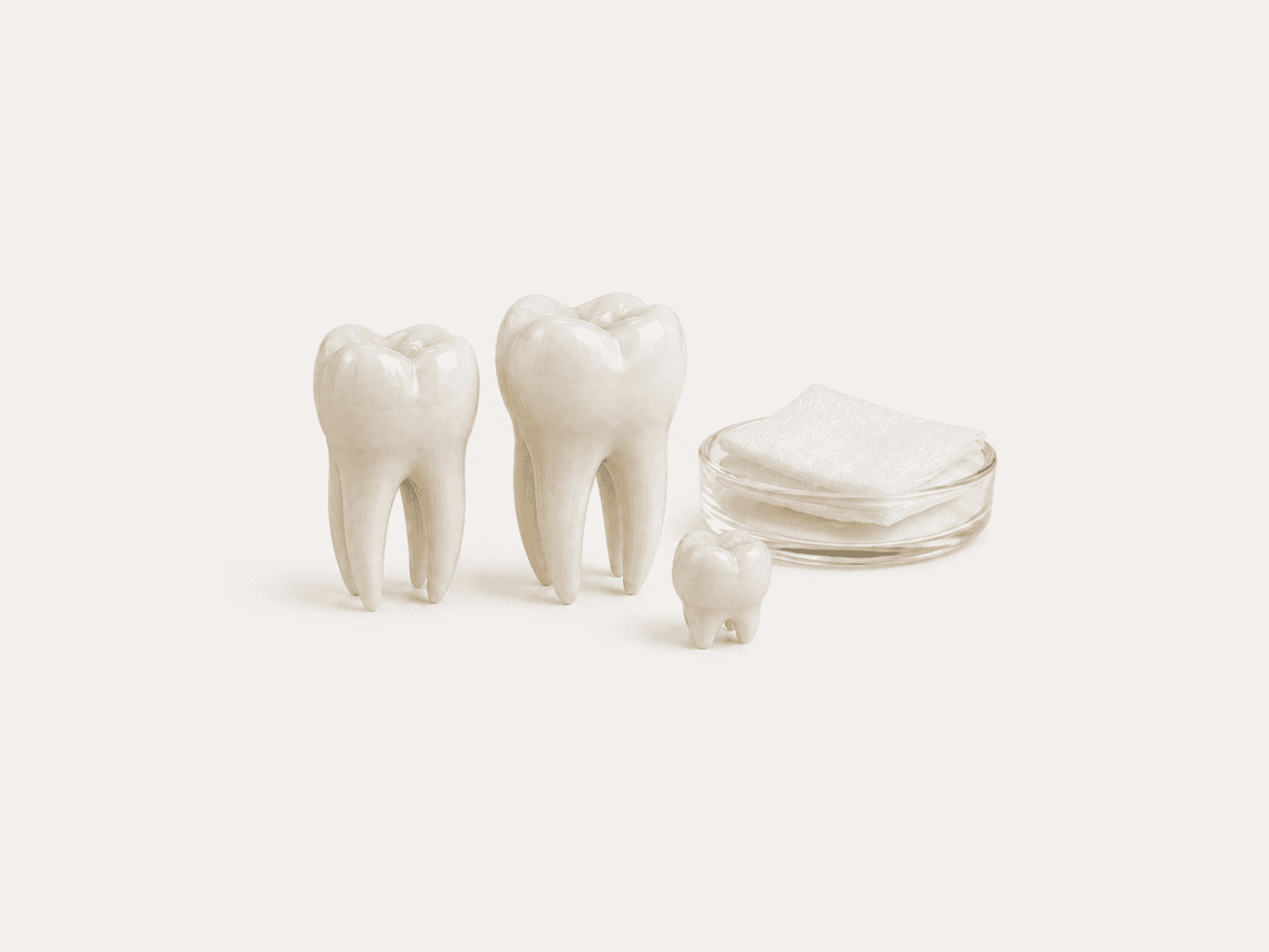 Two adult molars beside a small baby tooth and gauze