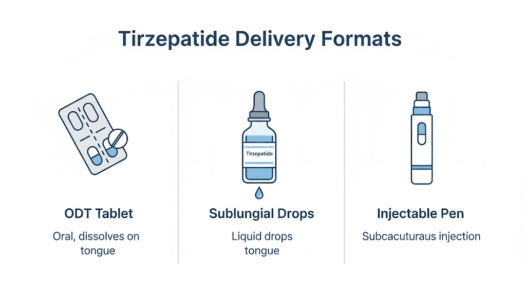 Tirzepatide ODT vs drops vs injection delivery format comparison