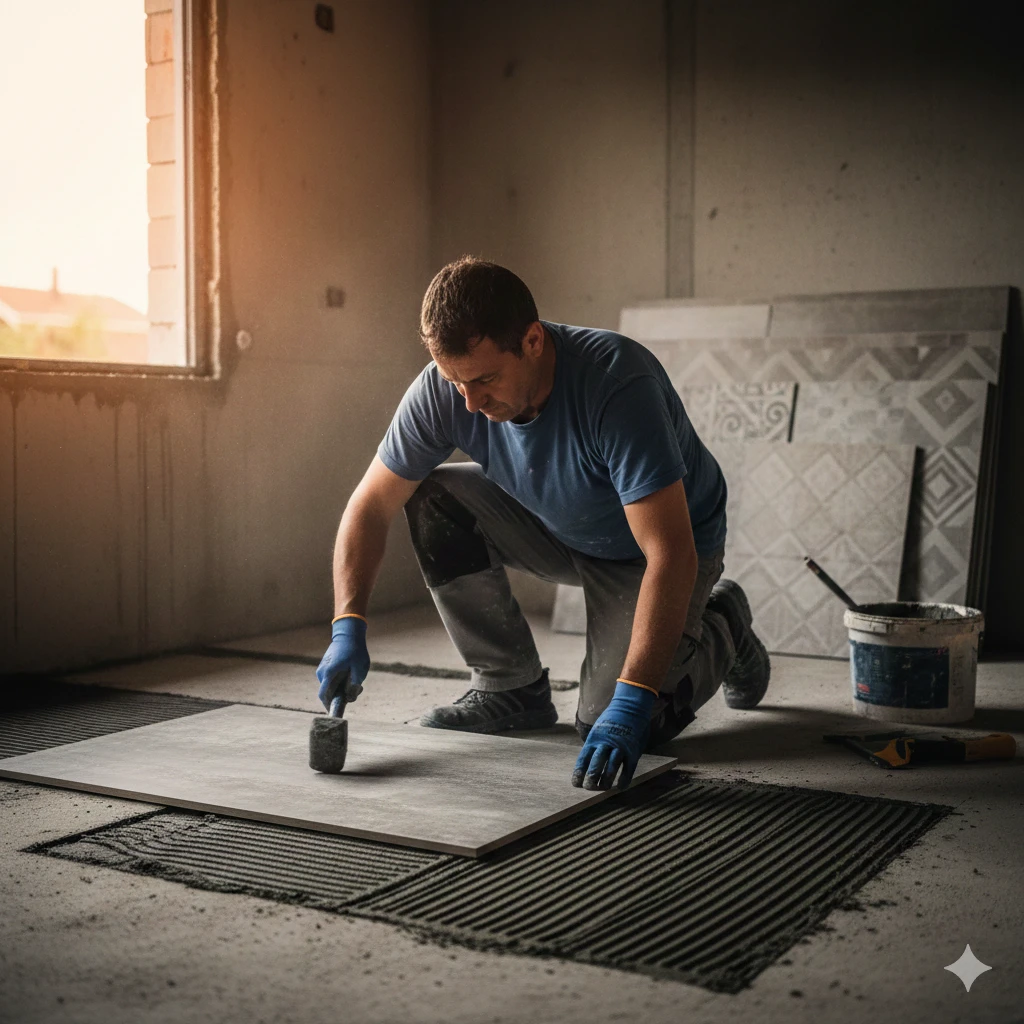 Carreleur posant du carrelage grand format sur un chantier de rénovation