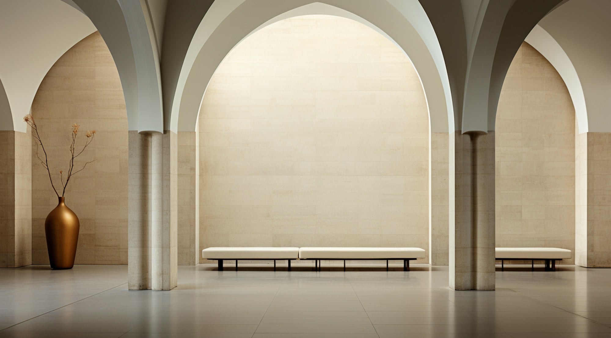 Casa Margeride, Lisbon: a pale arched gallery with a long low bench set between plaster columns.