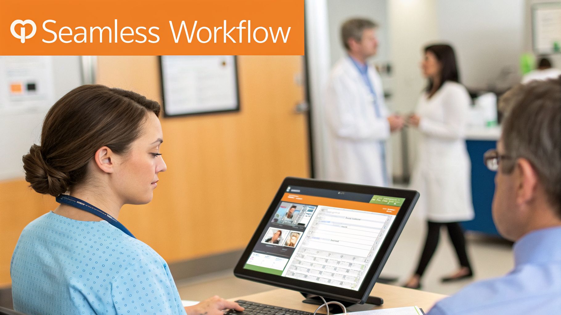 Healthcare professional uses a touchscreen computer displaying patient information and video calls in a modern medical office, emphasizing seamless workflow.