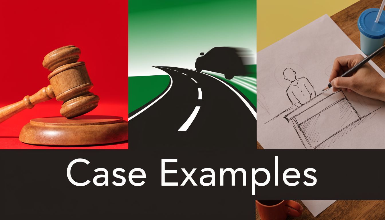 A graphic collage featuring a judge's gavel, a road scene, and a courtroom sketch artist's drawing.
