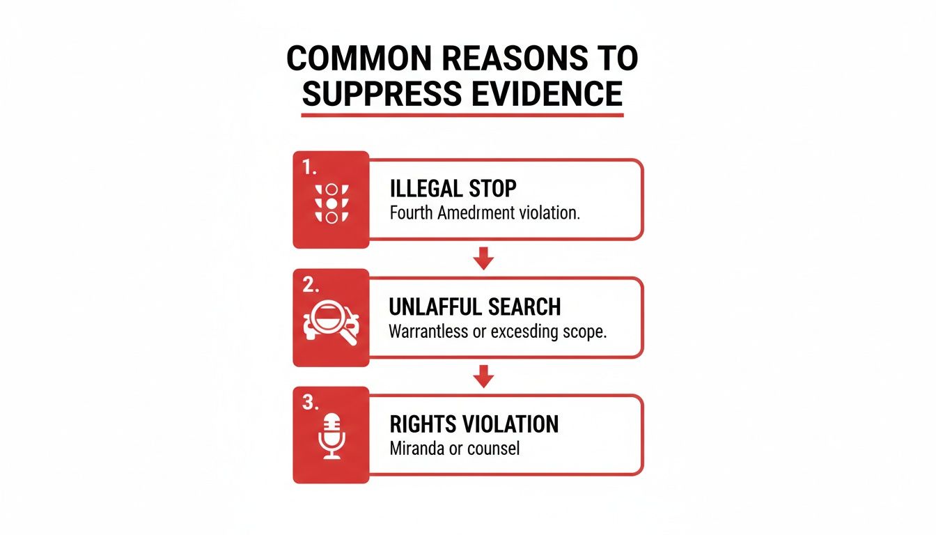 A diagram listing common reasons to suppress evidence in court, including illegal stops, unlawful searches, and rights violations.