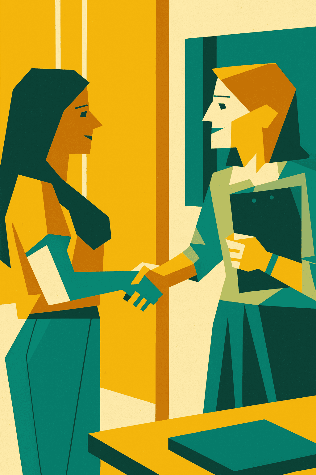 Due donne sorridenti si stringono la mano in un ufficio moderno, segno di un accordo professionale.