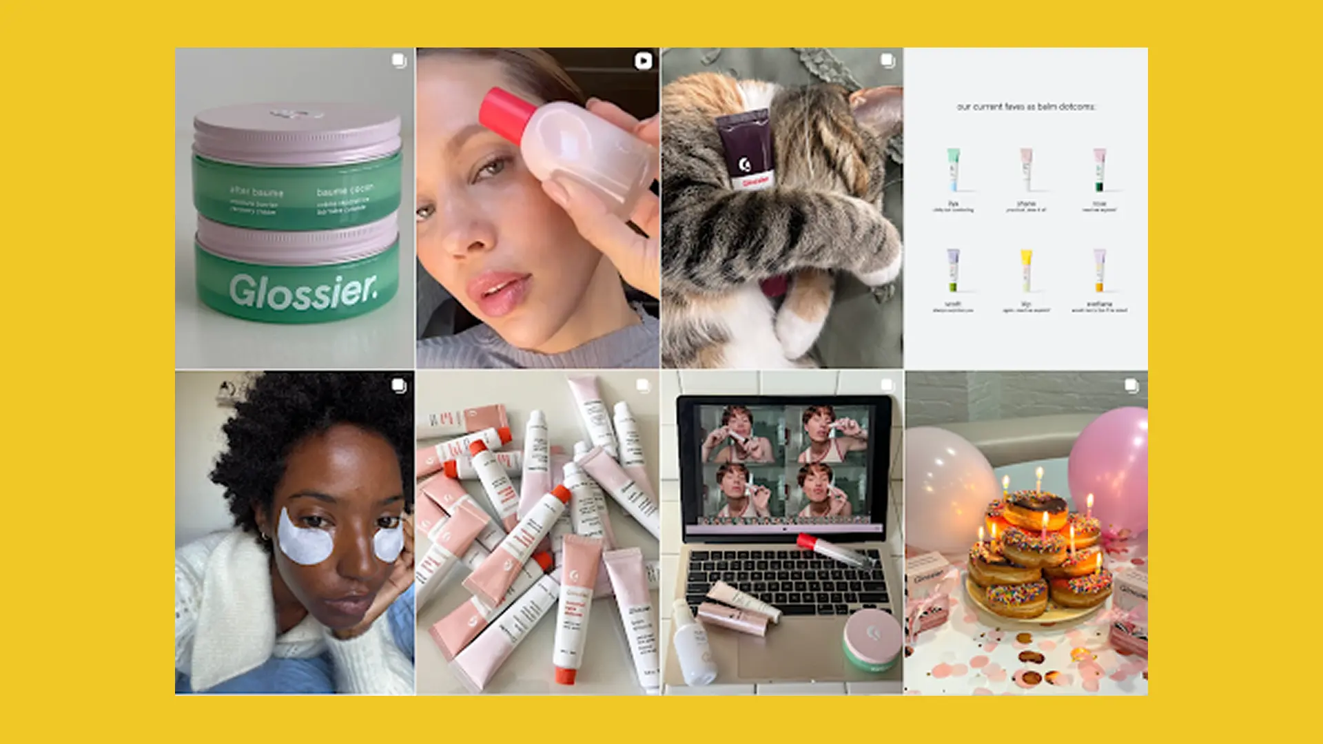 A snapshot of Glossier’s Instagram feed showcasing user-generated content, everyday beauty routines, and collaborations with real customers and micro-influencers.
