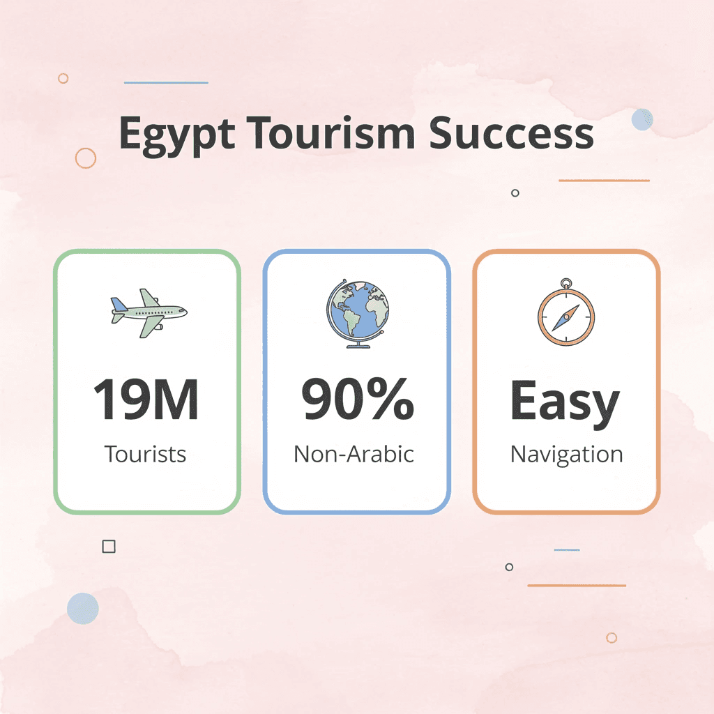 Statistics showing Egypt tourism success with 19 million tourists, 90% non-Arabic speakers, and easy navigation