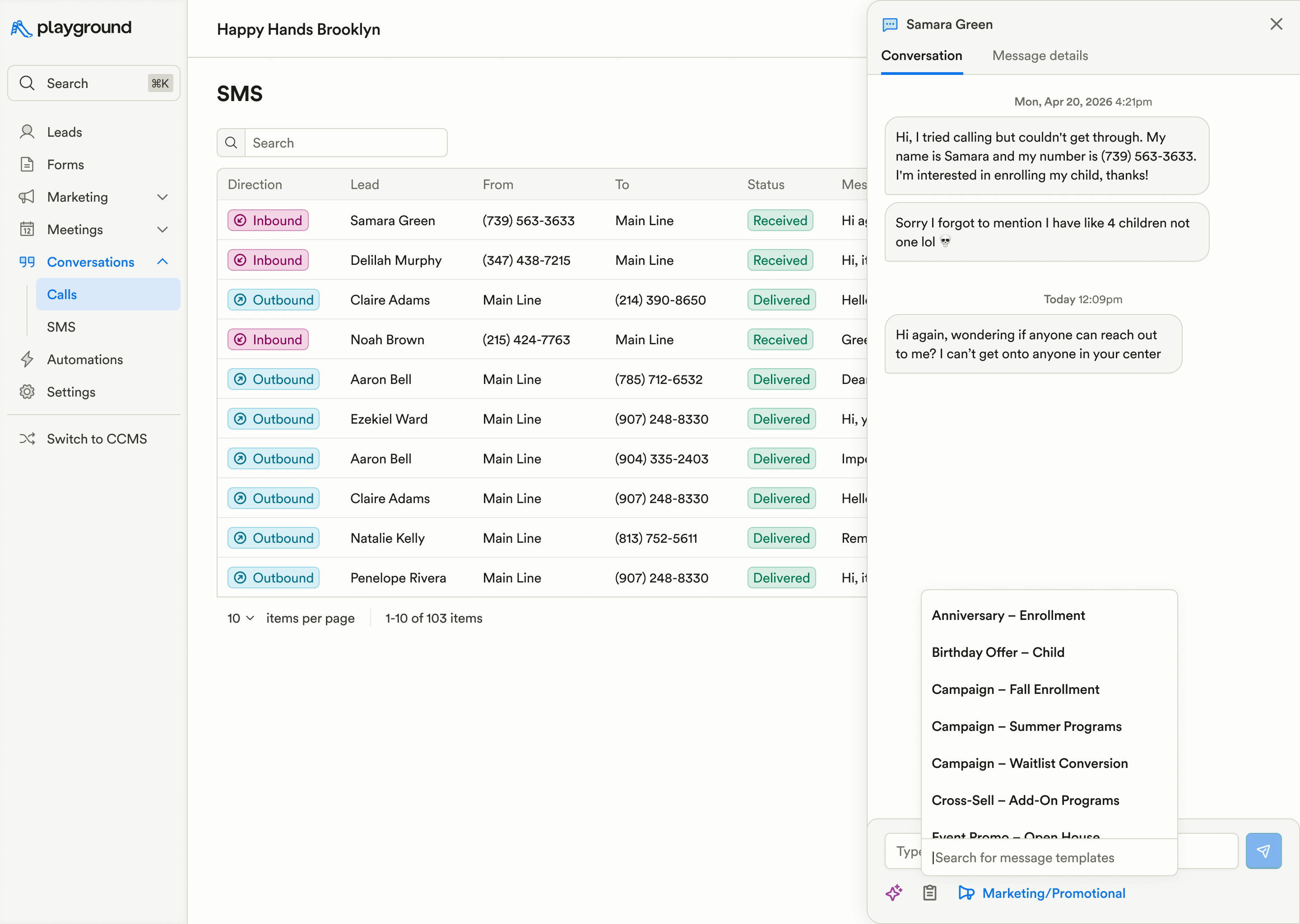 SMS template picker