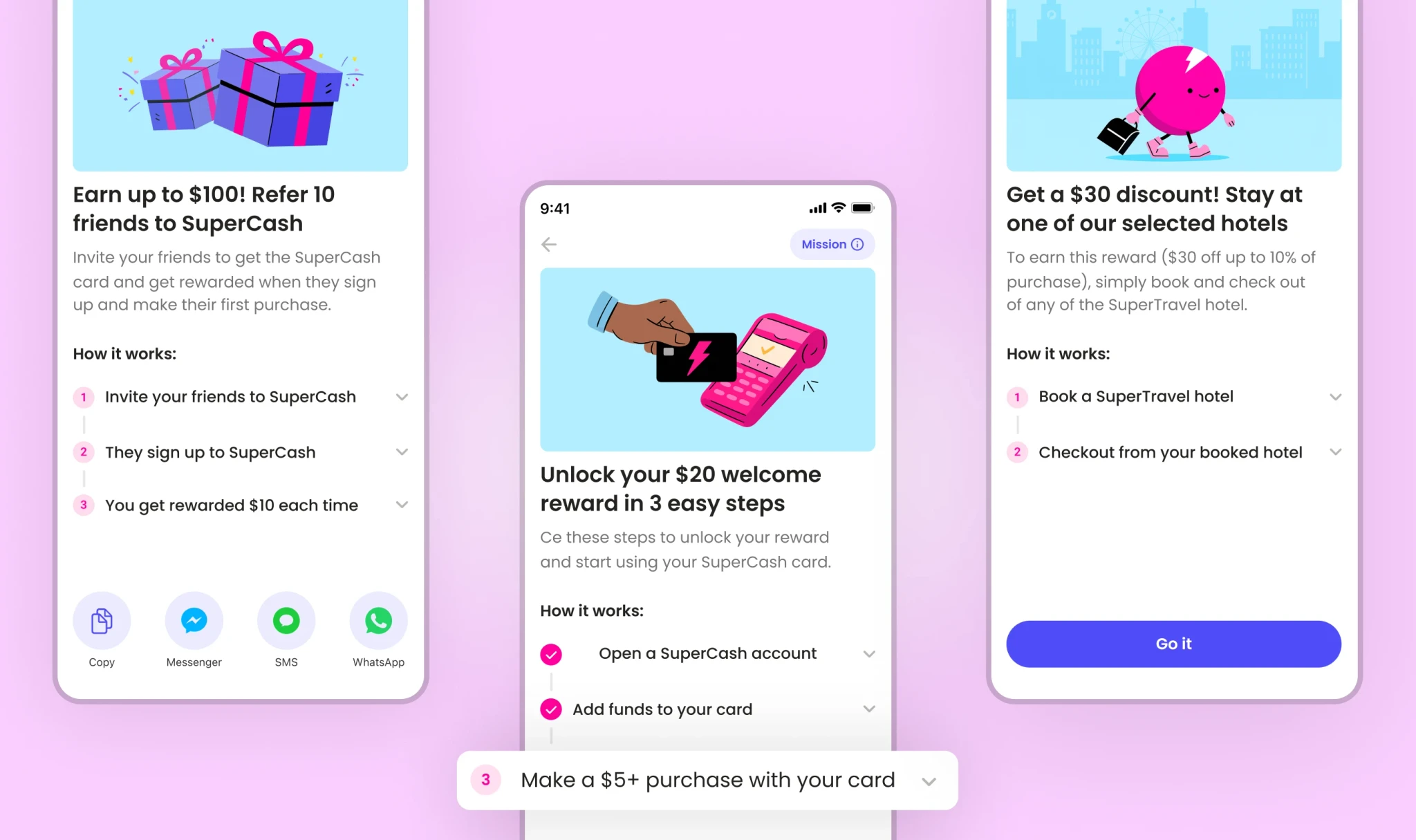 UI mockup of Super.com’s Missions showing three task-based rewards — refer friends, make purchases, and book hotels — illustrating the scalable design of the new mission-based rewards system.