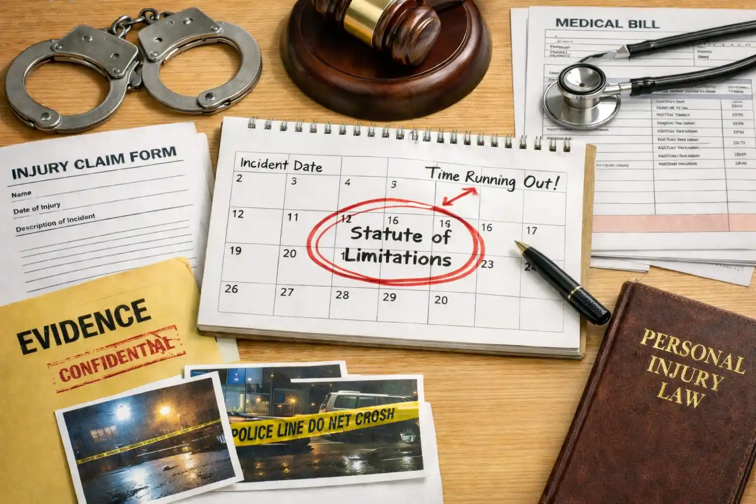 Overhead view of a desk with a calendar showing “Statute of Limitations” circled in red, surrounded by an injury claim form, “Evidence – Confidential” folder with crime scene photos, medical bills, handcuffs, a judge’s gavel and a “Personal Injury Law” book, illustrating the urgent deadlines in Florida negligent security cases.