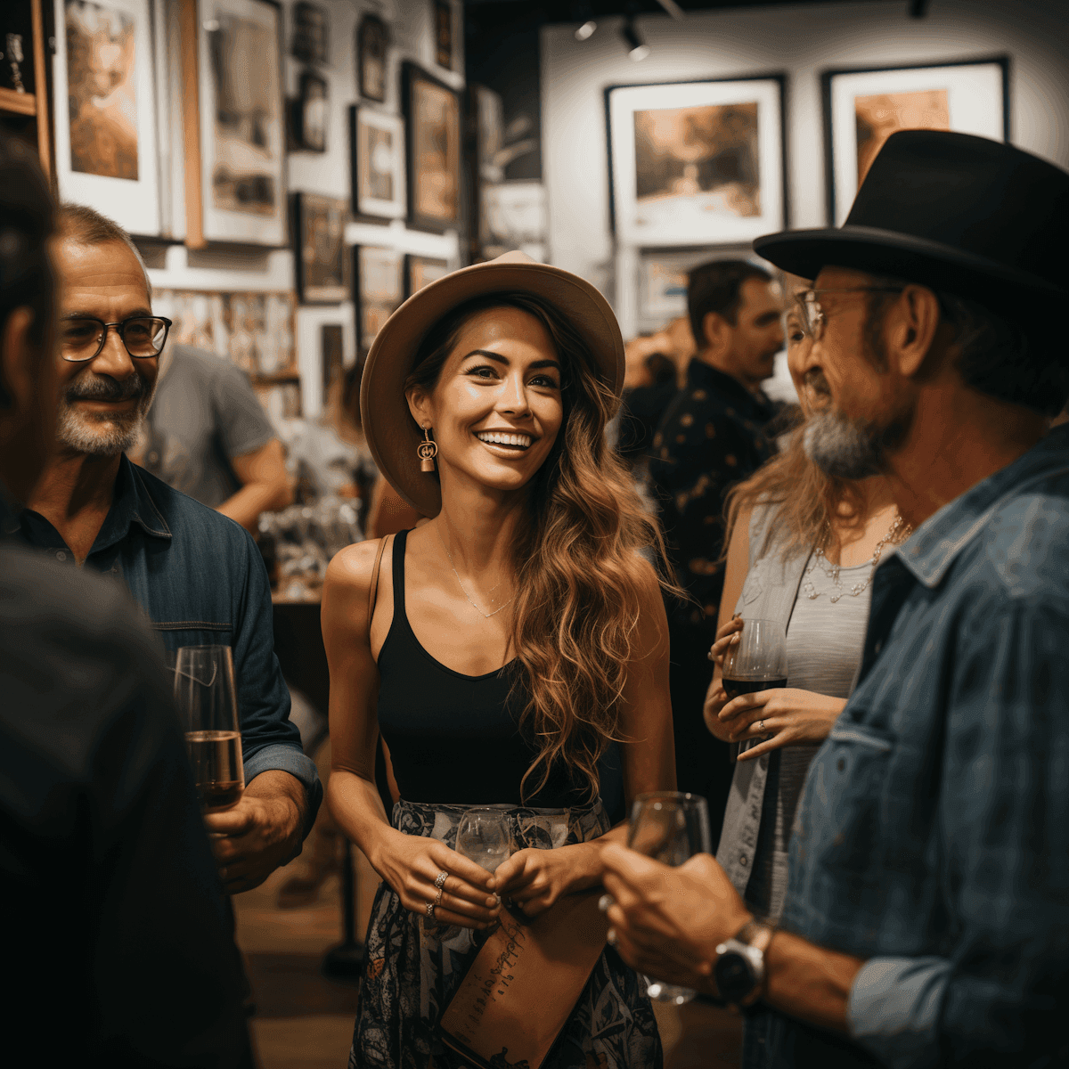 Group of people socializing at an indoor networking event with drinks and framed photos on the wall