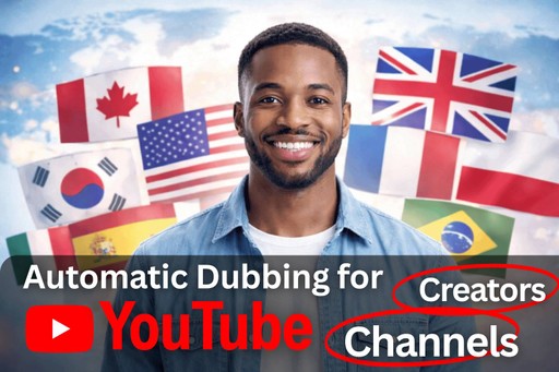 Pengisian suara otomatis untuk saluran YouTube dengan audiens global dan bendera multibahasa di latar belakang