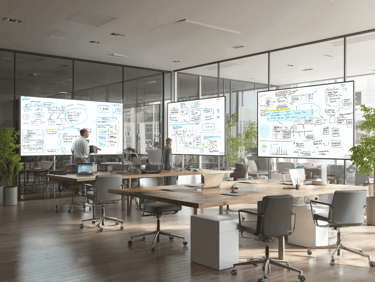 A modern workspace showing professionals optimizing workflows on digital dashboards and whiteboards