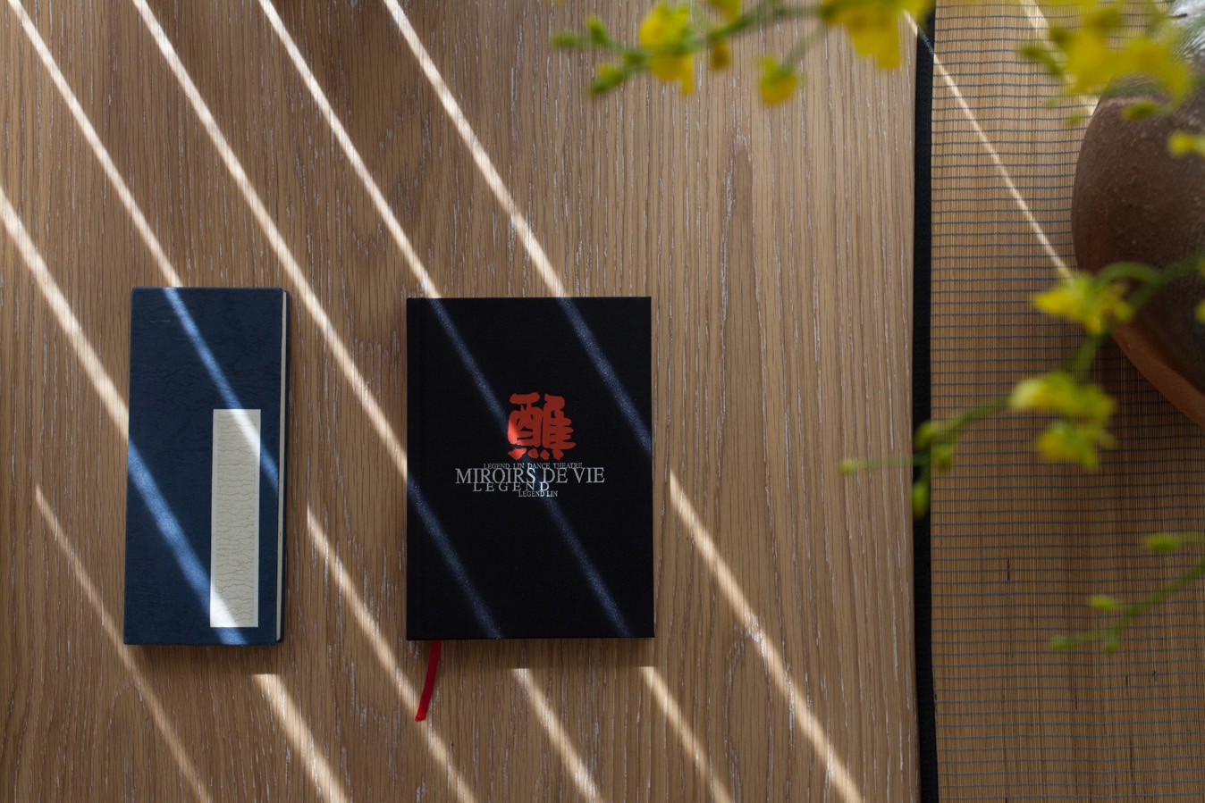 兩本筆記本擺放在木紋桌面上，陽光透過百葉窗灑落形成條狀光影，右上角有花與陶器點綴