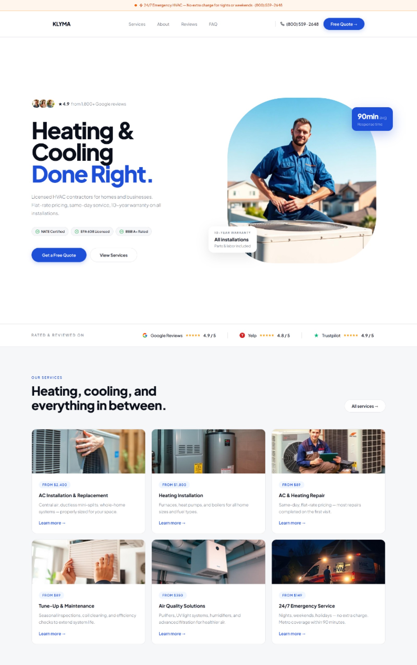 HVAC Website Prompt — modern HVAC website design with white background, pill buttons, stadium-shaped hero photo, and floating stat cards
