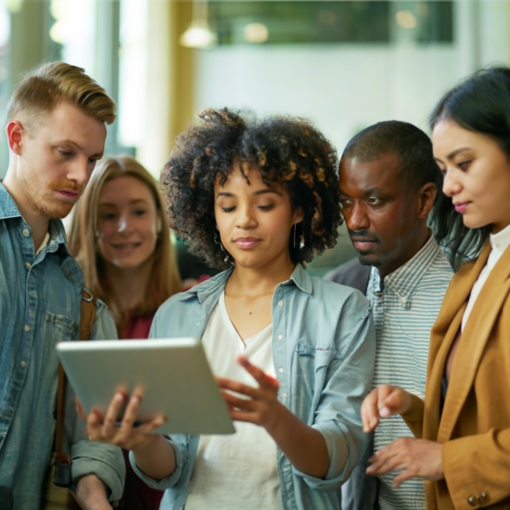 A diverse group of individuals gathered around a tablet displaying the MyUSCIS website, illustrating the collaborative use of online immigration services in a communal setting.