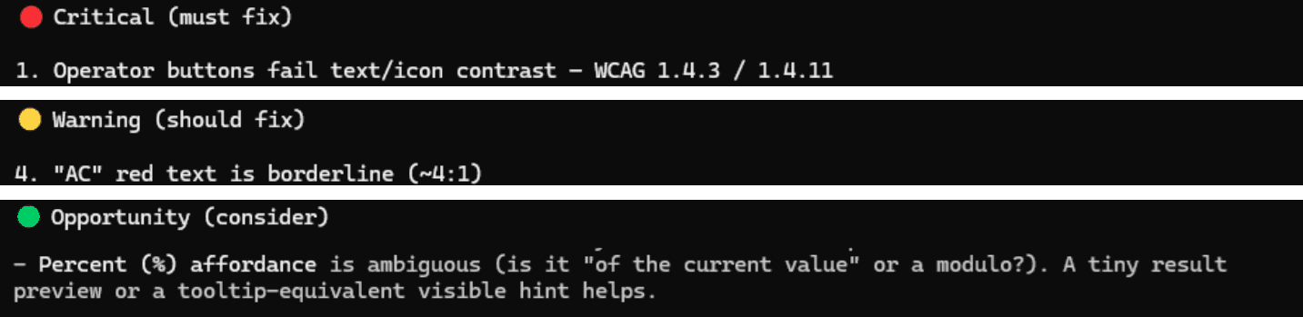 Excerpt of the /qt-ui-design audit results for calculator.png: a Critical issue with operator button contrast, a Warning about the 'AC' red text contrast, and an Opportunity to clarify the percent button's behavior