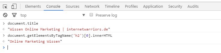 Abfrage des Seitentitels und der ersten H2-Überschrift in der Konsole