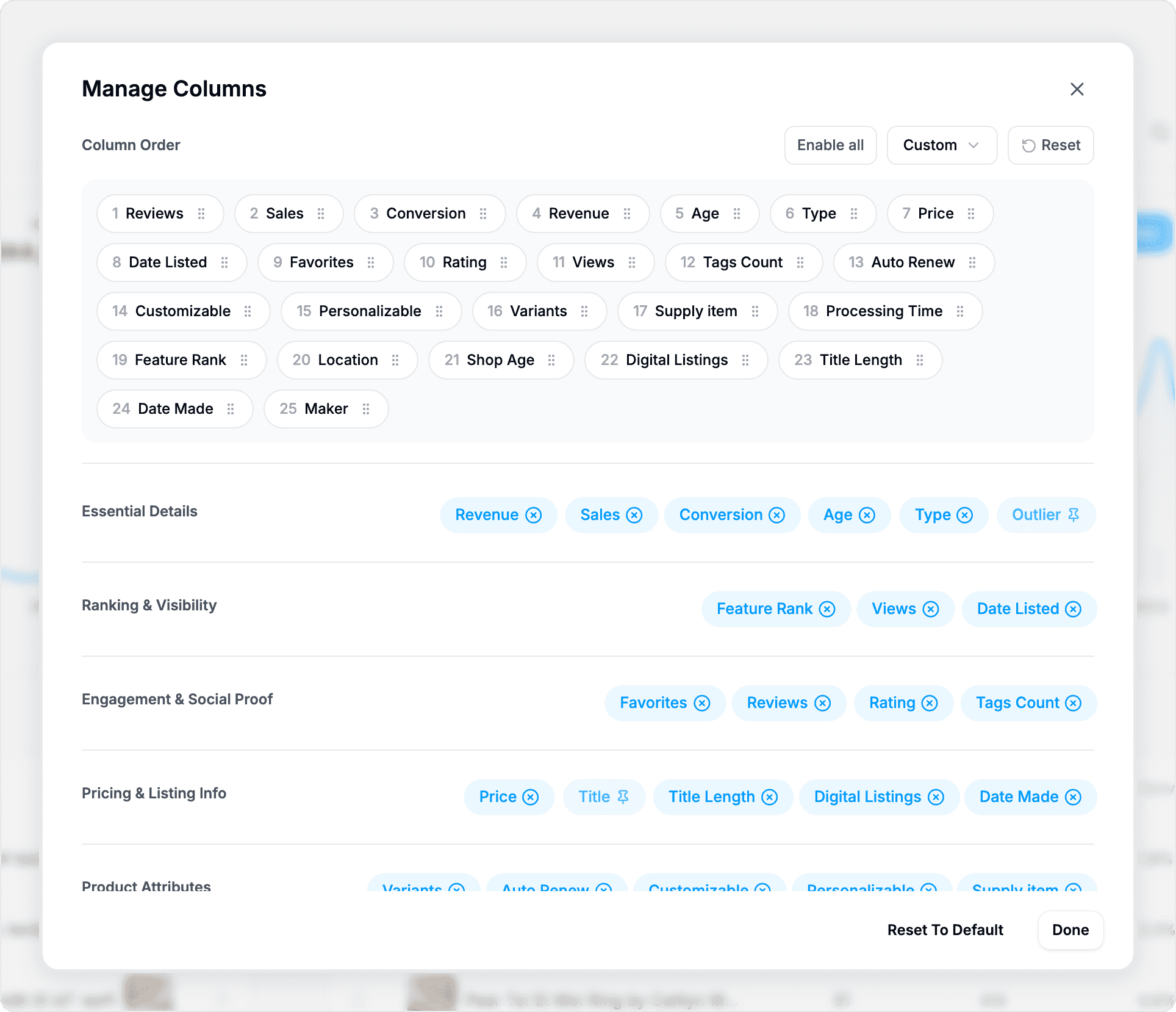 Manage Columns dialog with the column order and column categories