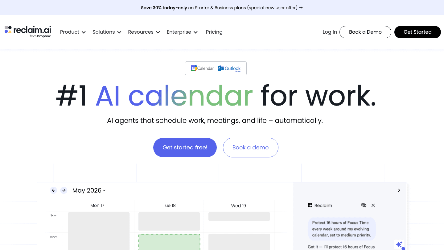 Reclaim AI calendar homepage