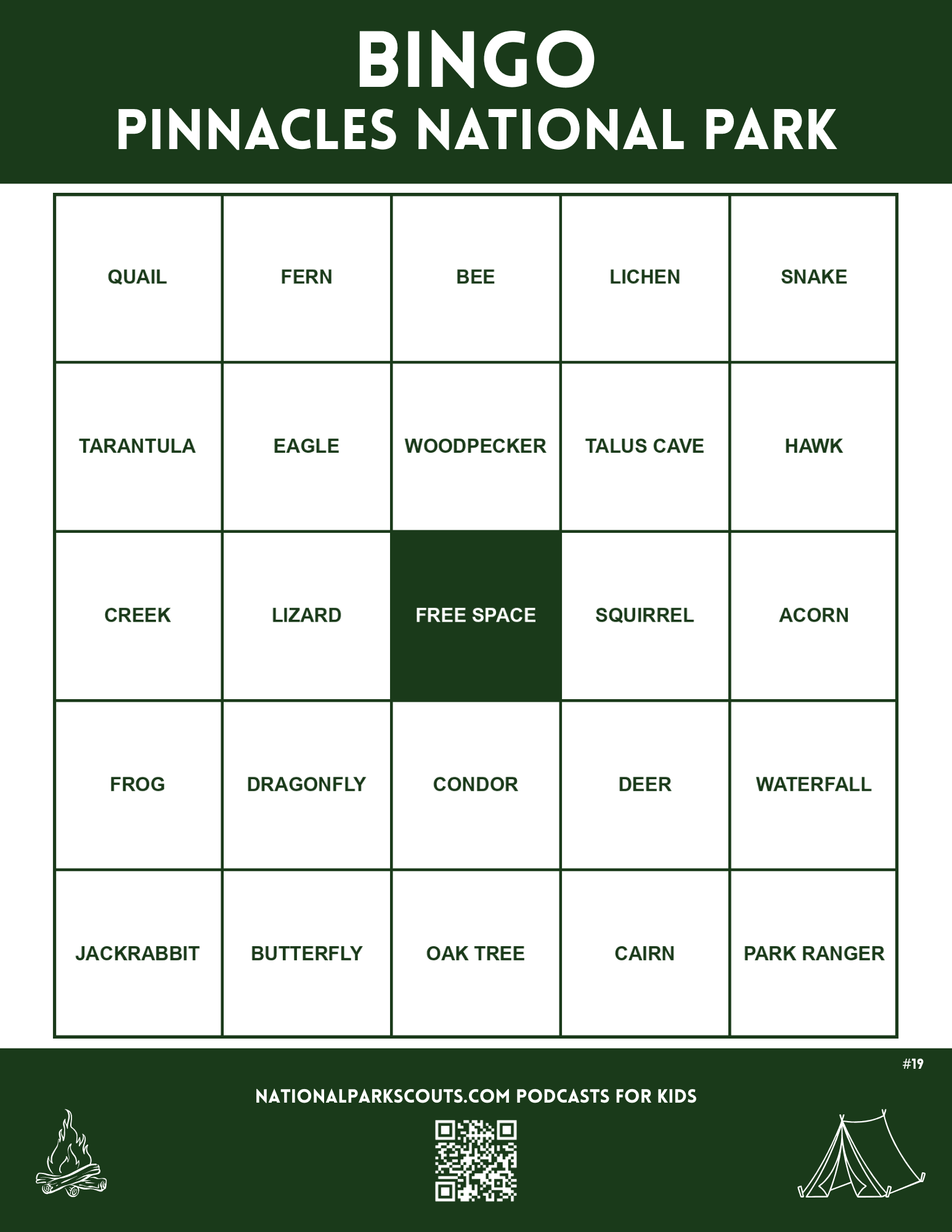 Pinnacles National Park Bingo Sheet