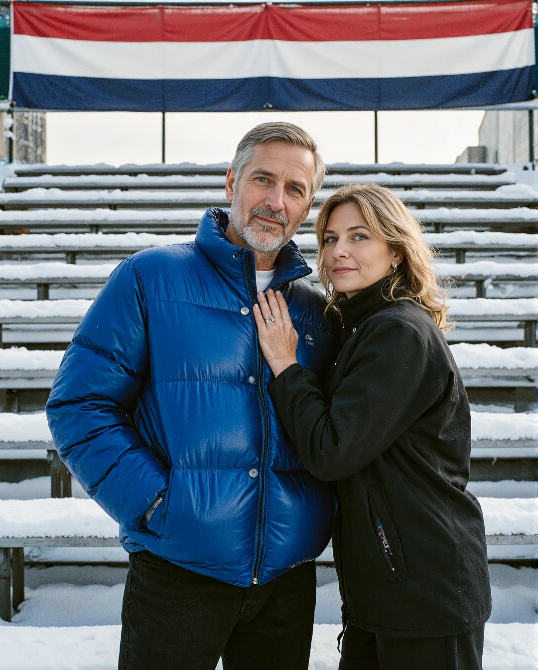 A couple in winter jackets embracing in front of snow-covered bleachers with a red, white and blue banner displayed above them.