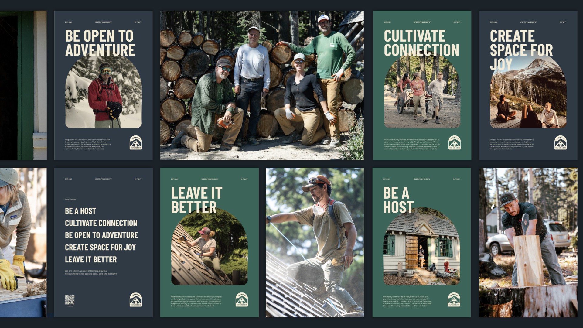 New brand value posters and images of volunteers at annual work parties