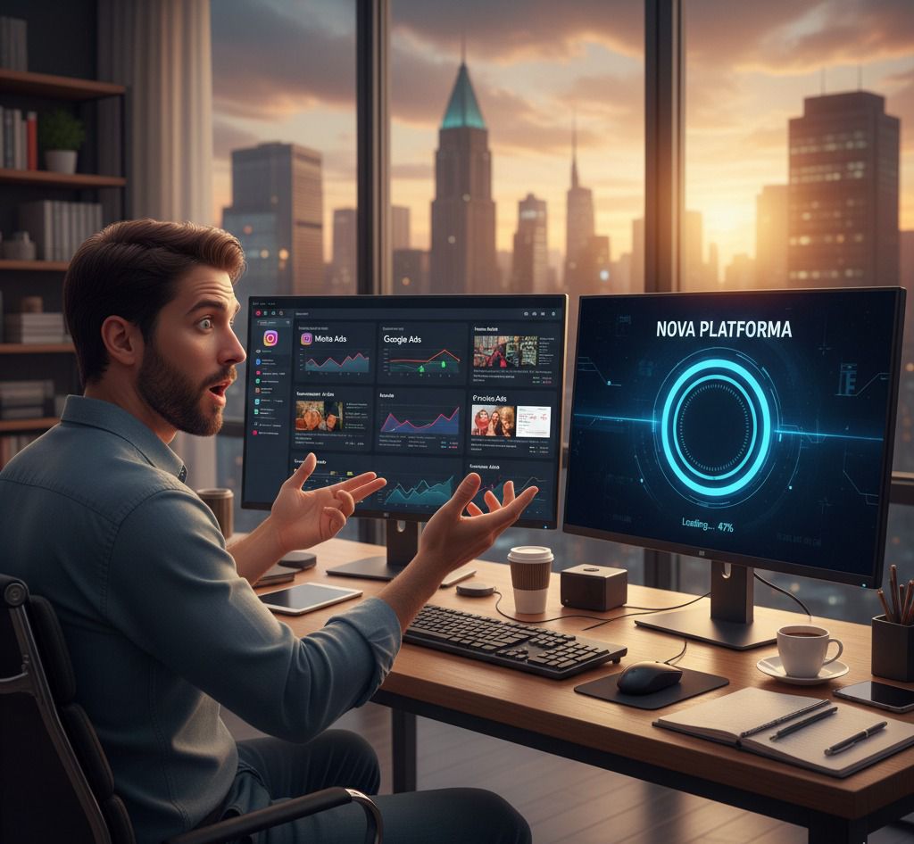 Gestor de tráfego pago vendo as platormas digitais e acompanhando o carregamento da nova plafatorma do ChatGPT ads. 