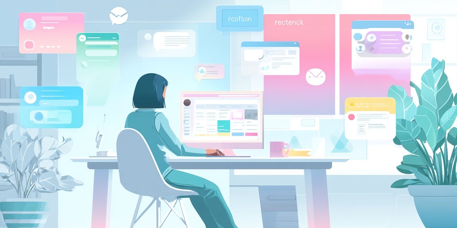 Flat design, pastel tones, person looking at a clean dashboard with chat bubbles, email icons, and a soft highlight on a “reconnect” suggestion.