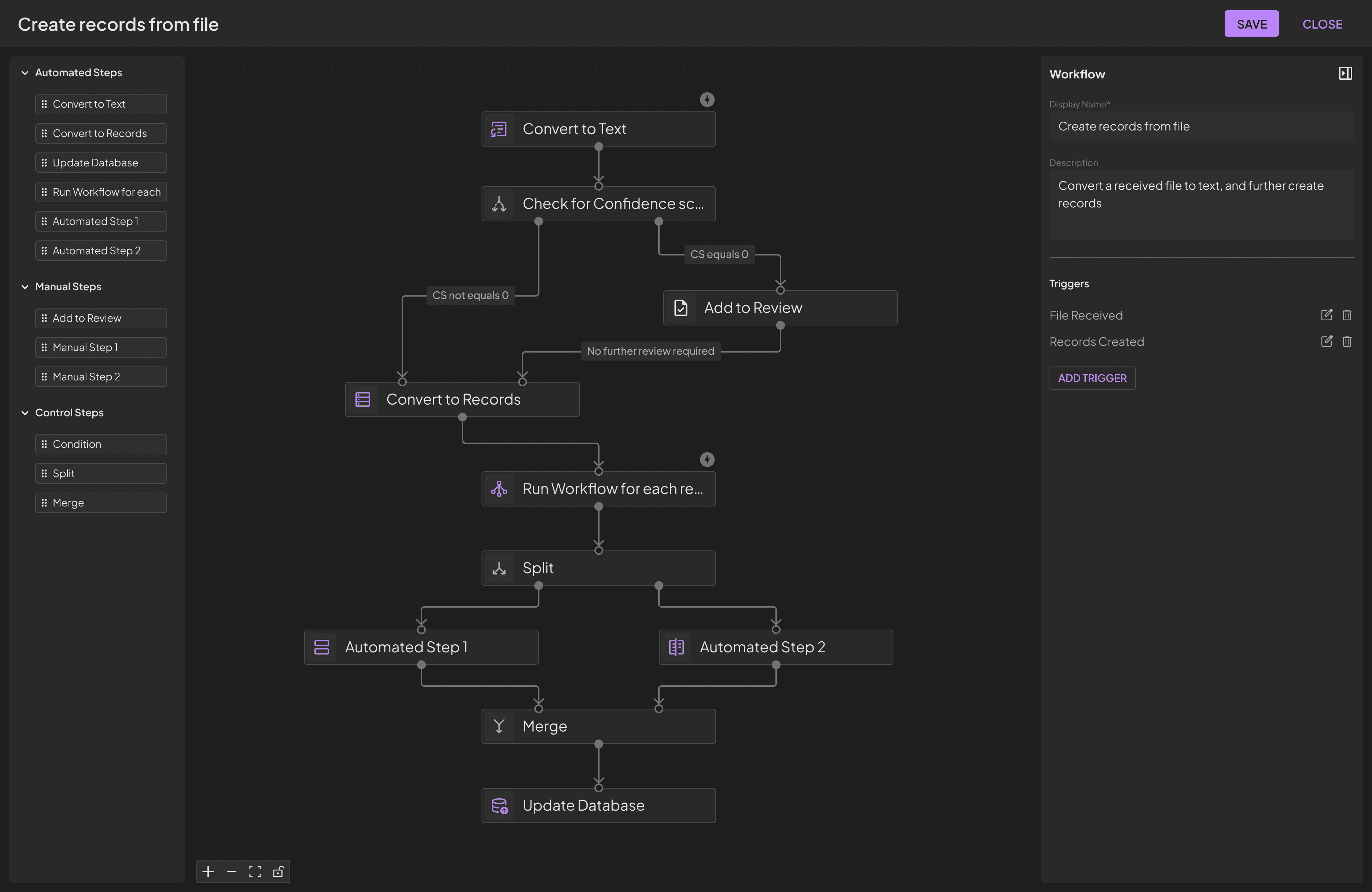 Workflow builder with flowchart in center and settings on right
